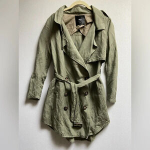 Bess Linen Rayon Double Breasted Belted Utility Midi Trench Jacket Size S
